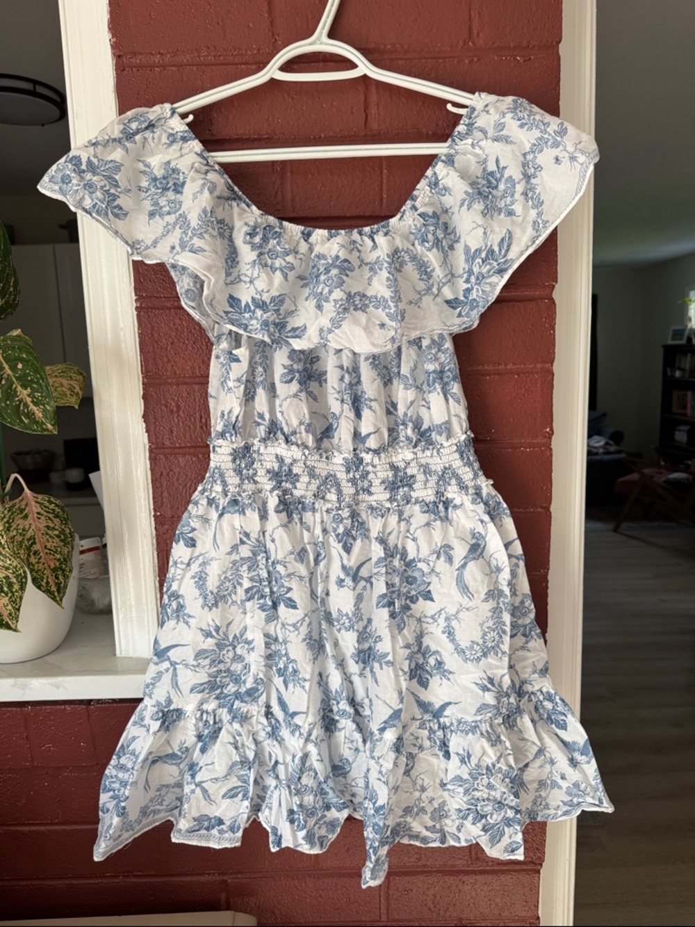 Max Studio 100% Cotton White and Blue Floral Off-Shoulder Mini Sundress